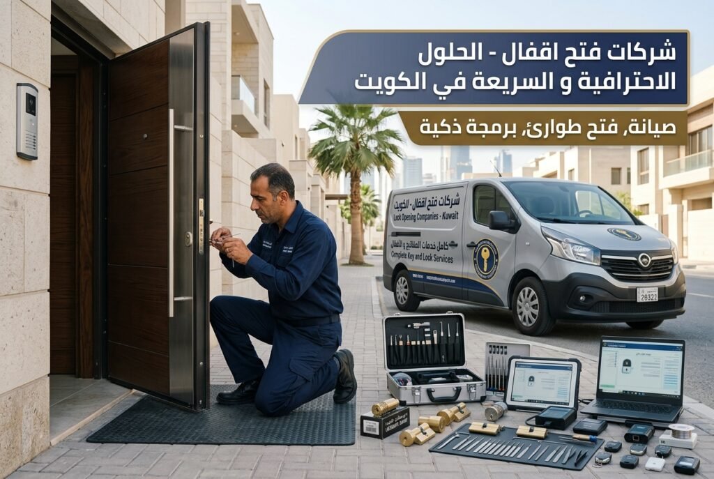 فني أقفال محترف يقوم بصيانة وإصلاح كالون باب منزلي بجانب ورشة متنقلة لشركات فتح اقفال بالكويت