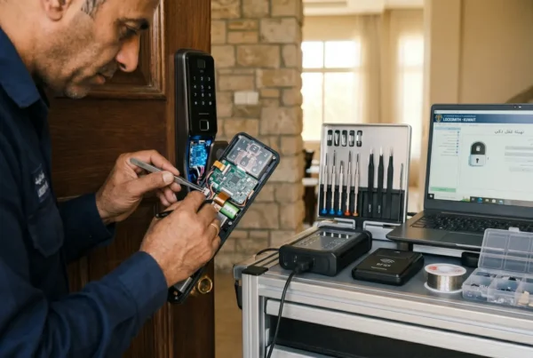 فني محترف في الكويت يقوم بضبط التوصيلات الإلكترونية الدقيقة والدبابيس لقفل باب رقمي ذكي يدمج بين خاصية البصمة ولوحة المفاتيح اللمسية لتعزيز الأمان
