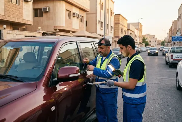 فني سيارات خبير يقوم بعملية فتح آمنة وسريعة لباب سيارة مقفلة في الفروانية