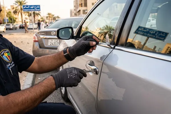 فني أقفال يستخدم أداة احترافية لفتح باب سيارة مغلق بأمان وسرعة في الكويت بدون أي أضرار