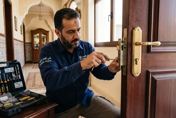 فني أقفال خبير يقوم بعملية تركيب دقيقة لقفل باب جديد ميكانيكي عالي الأمان في الكويت لتعزيز حماية المنازل