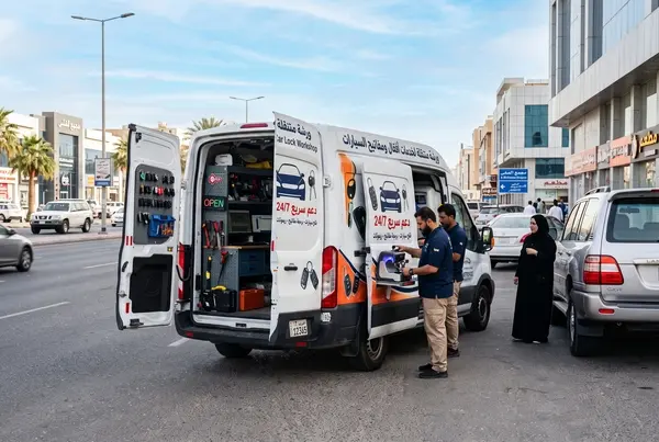 ورشة متنقلة لخدمات أقفال ومفاتيح السيارات تقف في أحد شوارع الكويت لتقديم الدعم السريع
