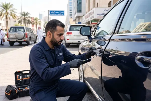 فني متخصص يقوم بفتح باب سيارة مقفلة في الكويت باستخدام أدوات متطورة بدون خدوش